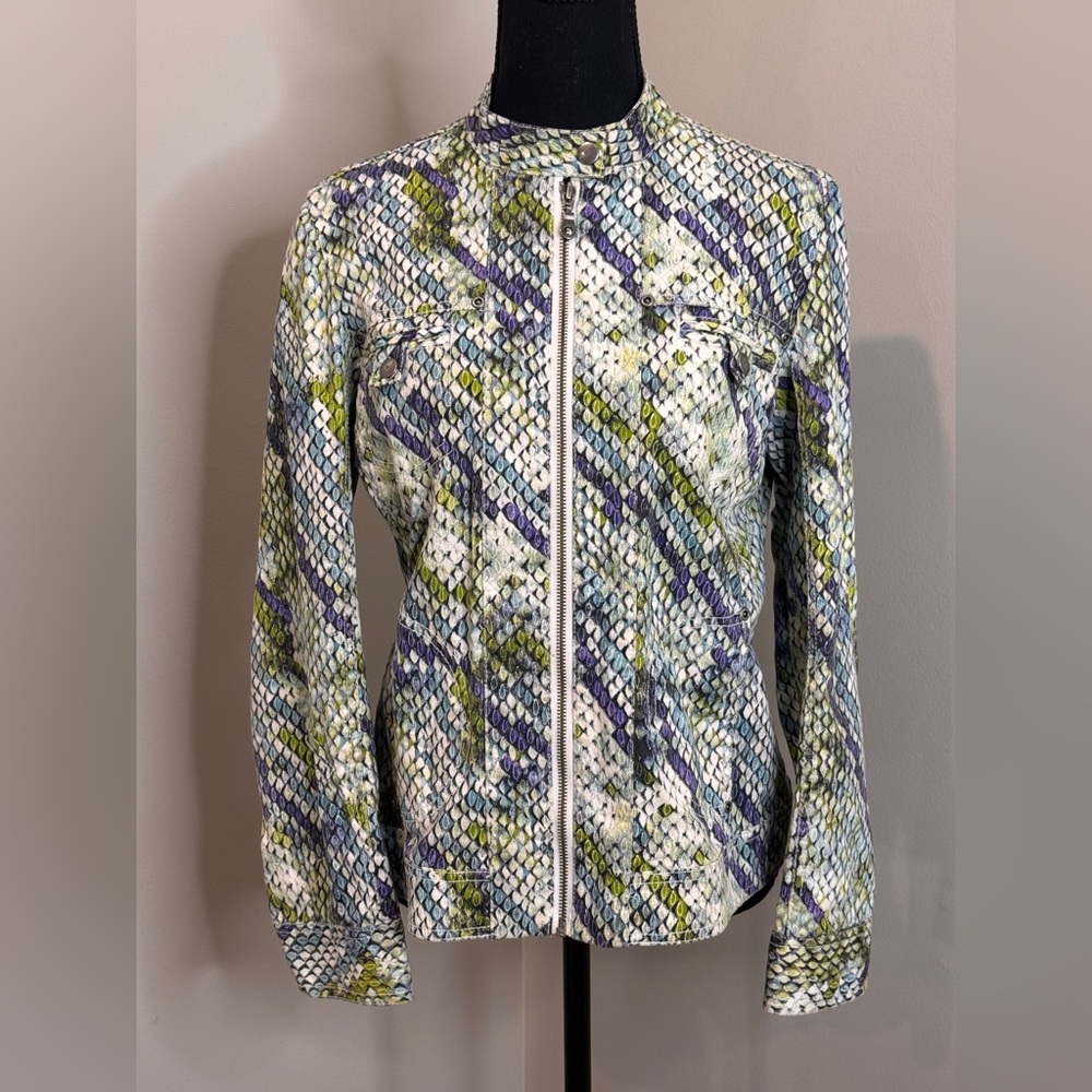 Chico’s Python Snakeskin Print Zip Moto Jacket Animal Print Chic Size 1 Medium